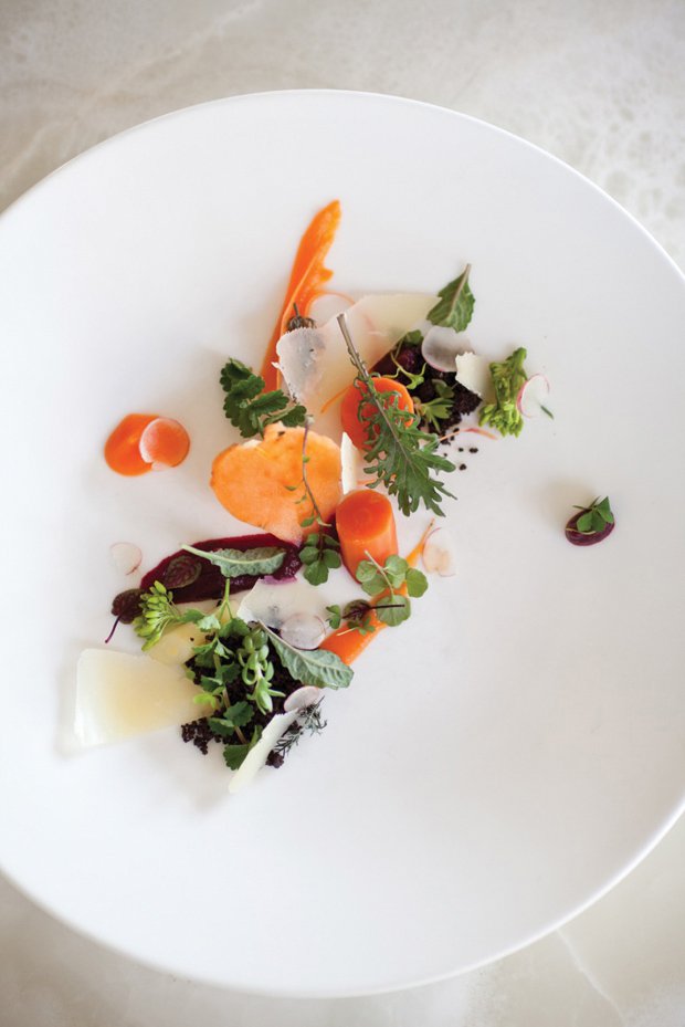 Seasonal Garden Vegetable Medley with Black Cocoa Crumb and Nasturtium Yogurt