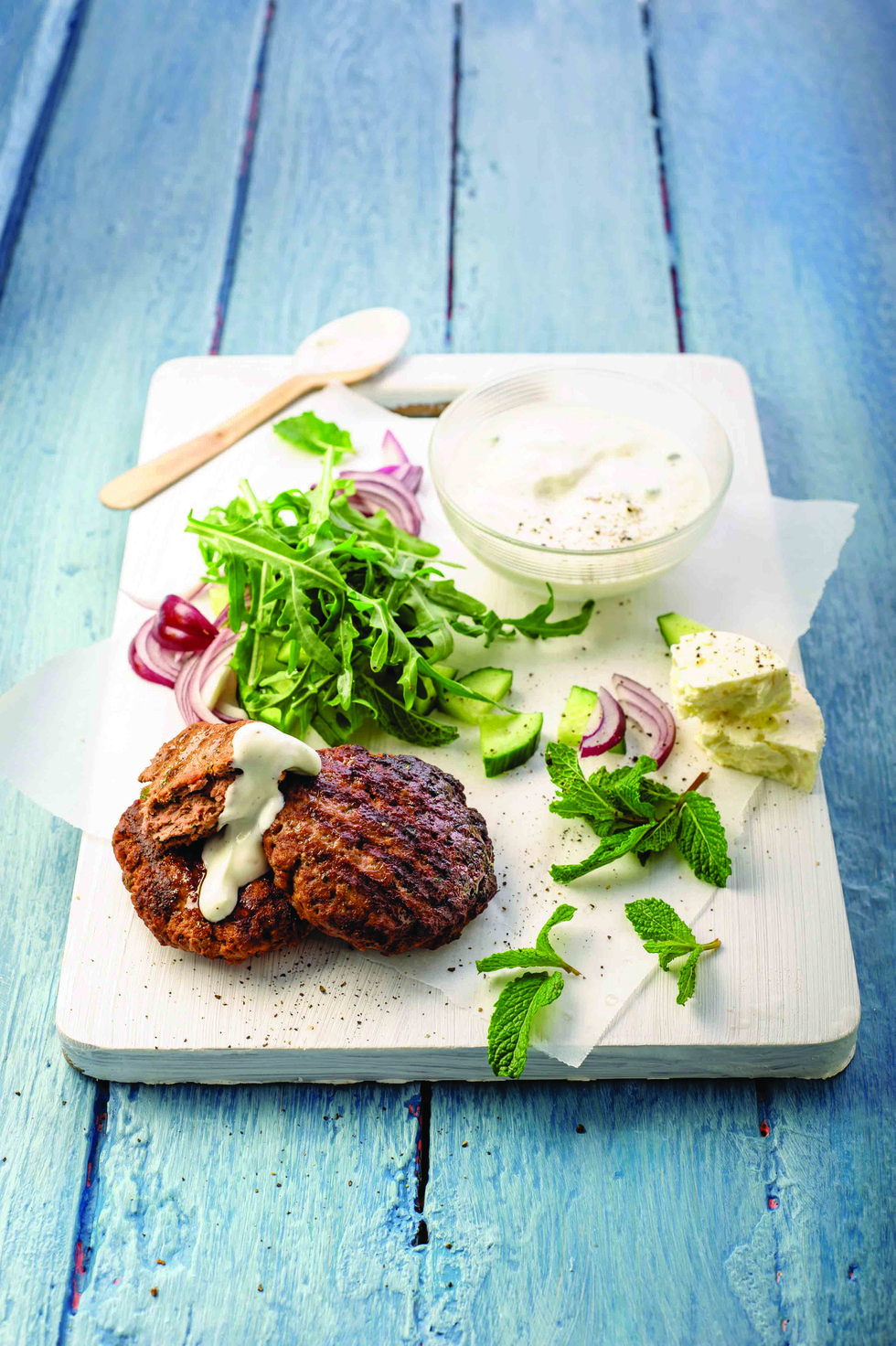 Lamb Burger with Curry Onions and Rosemary Feta Spread