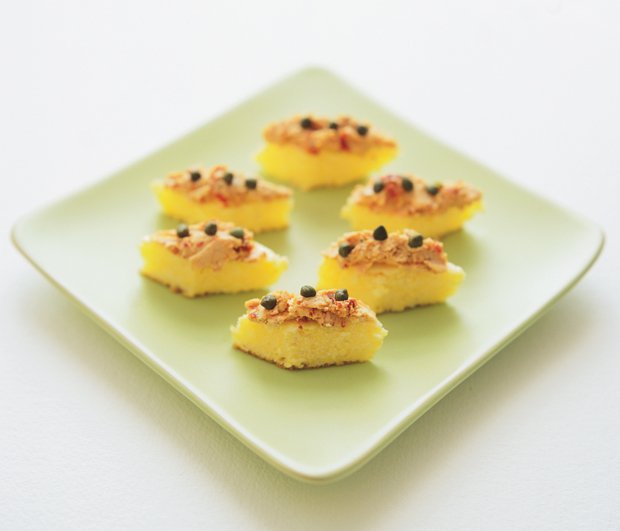 Baked Polenta Diamonds Topped With Mascarpone Cheese