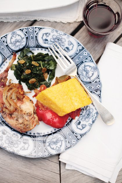 Baked Polenta with Roasted Peppers, Kale with Golden Raisins