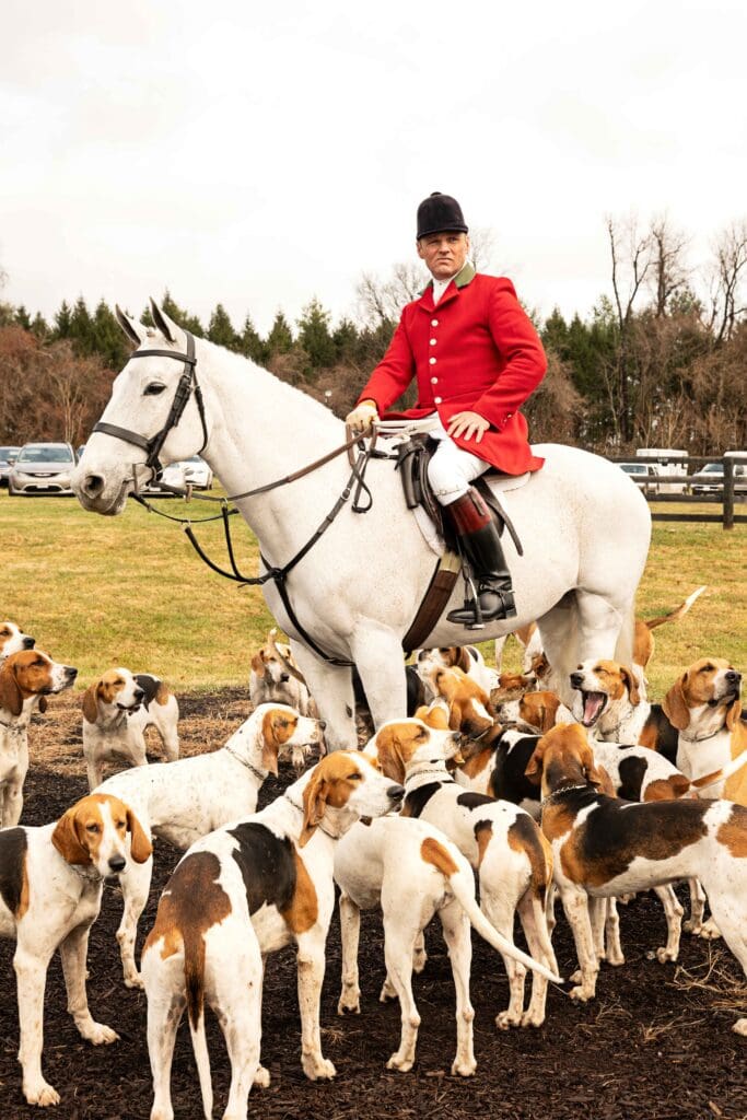 Huntmaste surrounded by foxhounds